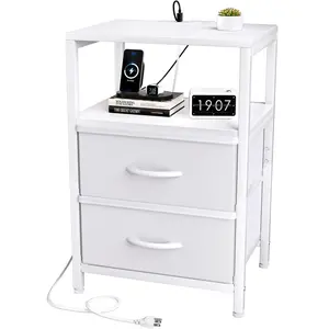 Simple Trending Side End Table with Charging Station, Tall Nightstand Bedside Table with Fabric Drawers for Living, White
