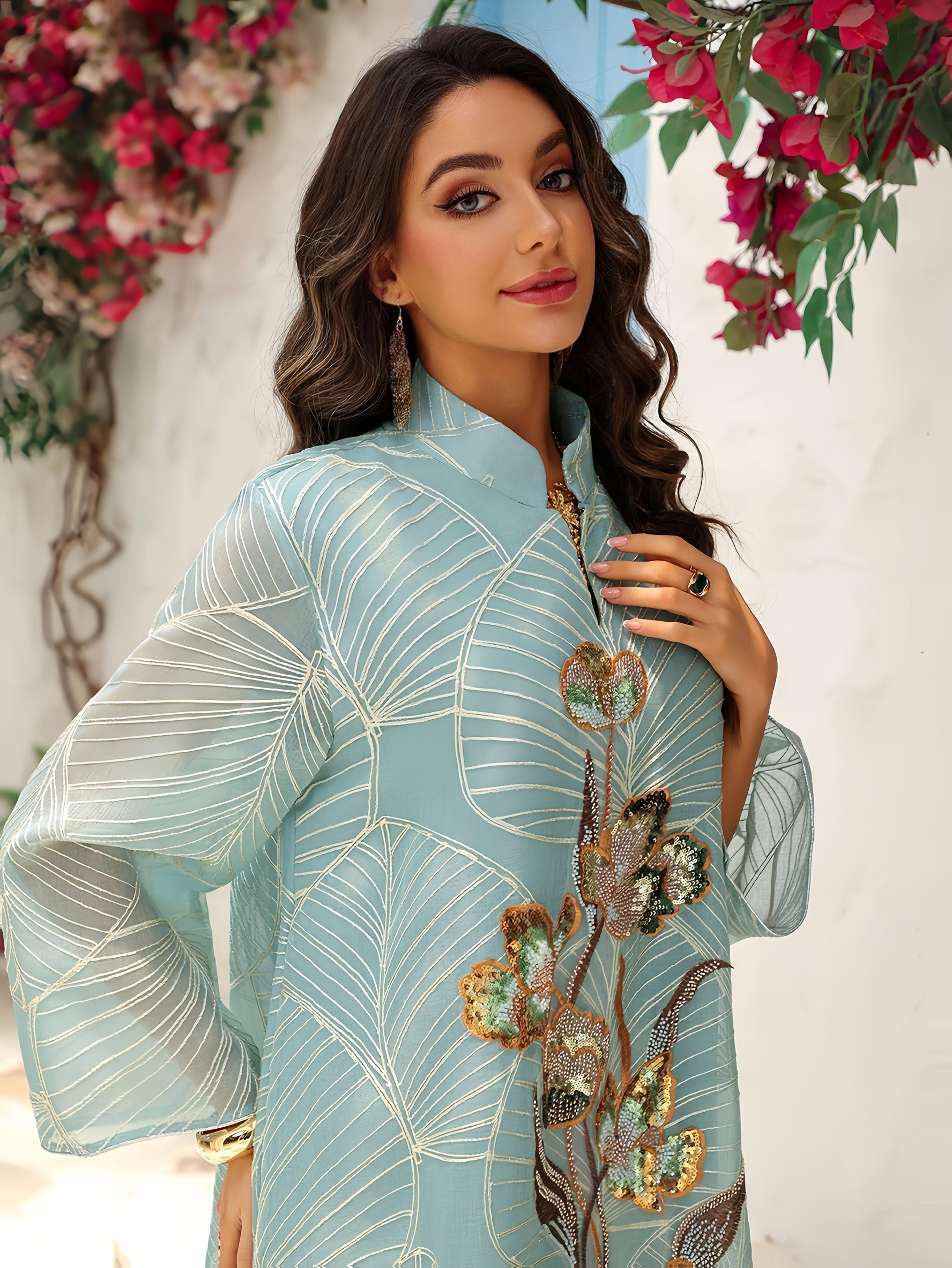 1pc Women's Jalabaya Abaya Gown - Elegant Dubai Party Dress with Floral embroidery, Long Formalrobe for Wedding, Gala, Ramadan - Non-Stretchy Muslim Formal Attire, Galaxy Event Wear, Intricate Embroidery