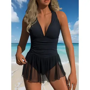 BlushHub Women's Black Halter Swimdress, Sexy Tummy Control Bathing Dress with Deep V-Neck, Ruched Waist Detail, Sheer Mesh Flared Skirt Hem, Built-in Boy Shorts, Quick-Dry Swimwear for Beach & Pool