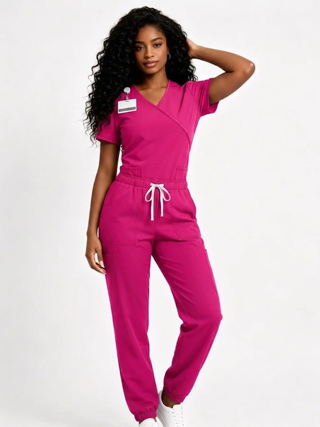Rose Red Women V Neck Scrub Set Short Sleeve Jogger Pants Nurse Beauty Cosplay Costume