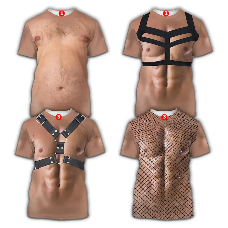 Strong Muscle Man Costume All Over Print Shirt, Realistic Chest & Six-Pack Abs Shirt For Men, Hairy Belly Gag Gift, Funny Halloween Costume