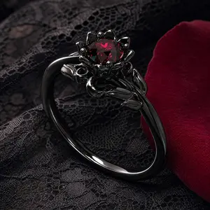 Charm Black Flower Ring for Women – Red Stone Round Ring, Gothic Statement Jewelry, Party Dress Accessory, Unique Gift for Her