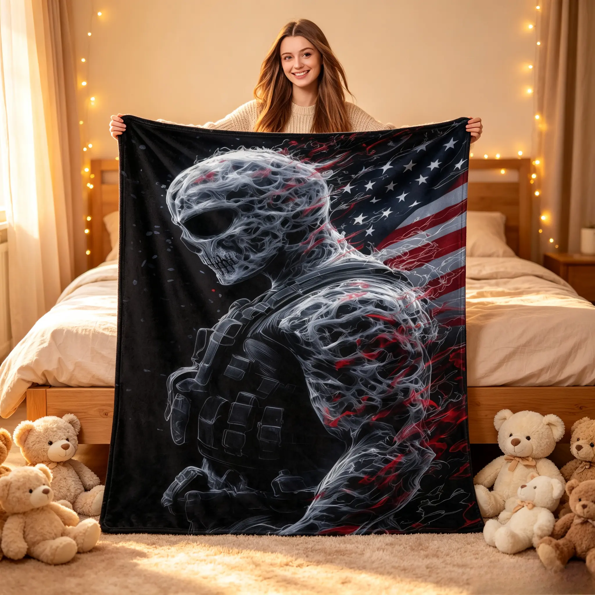 Smoky Skull Tactical Soldier American Flag Flannel Throw Blanket, Patriotic USA Star Stripe Skeleton Warrior Soft Cozy Blanket For Sofa Bed Man Cave Decor, Perfect 4th of July Independence Day Birthday Christmas Holiday Gift TikTok Popular Amazon Must
