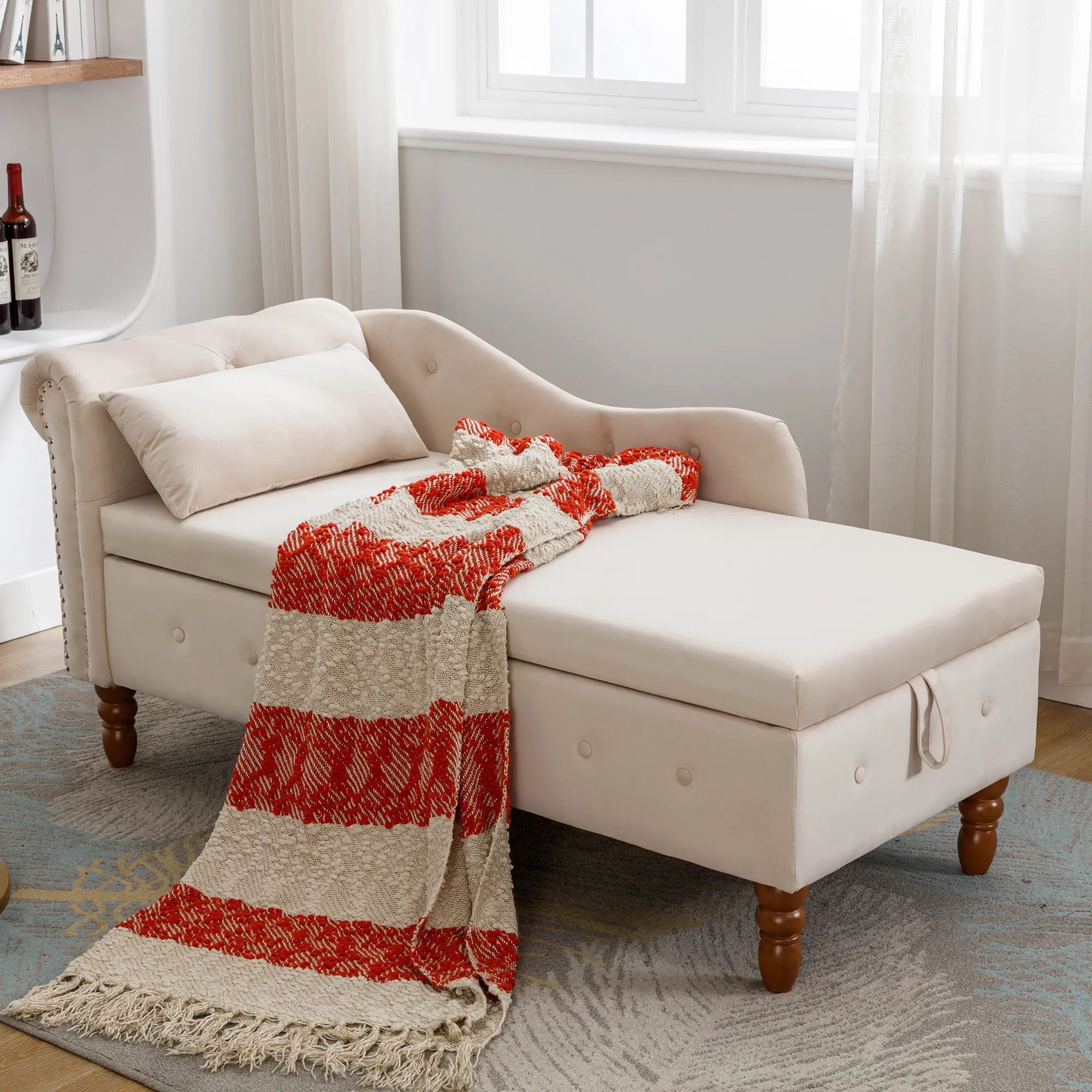 ARCH Beige Velvet Chaise Lounge Indoor with Storage & Pillow, Upholstered Rolled Arm Chase Lounge for Sleeping, Button Tufted Nailhead Trim Living Room Bedroom Office Lounge Chair, 27.9W x 58.3D x 28.3H in, 300 lbs Capacity, Beige Color Options