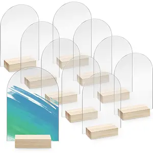 10 Pack 4x6 Inch Blank Clear Arch  Sign with Wooden Stands, Arched Round Top  Sheet, DIY  Arch Table Numbers for DIY Name Card Gifts Event Party Sign Decoration