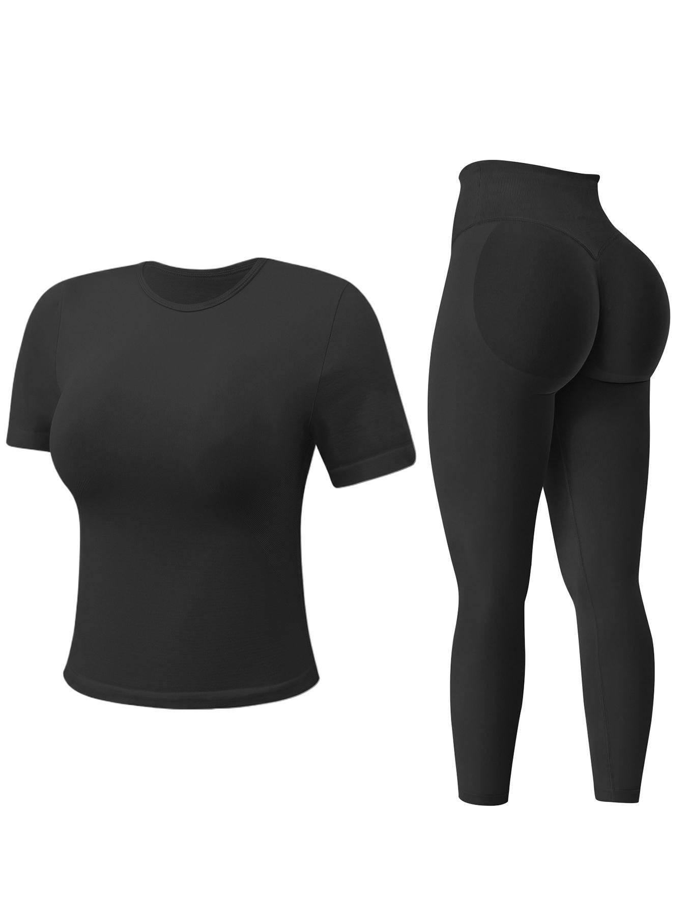 Seamless Workout Sets for Women 2 Piece, Women's Sporty Slim Fit Knitted Set, Round Neck Seamless T-Shirt Tank Top + Mid Waist Butt-Lifting Pants, Outdoor Running Yoga GYM Tracksuit Sets for Women, Sportswear For Gym