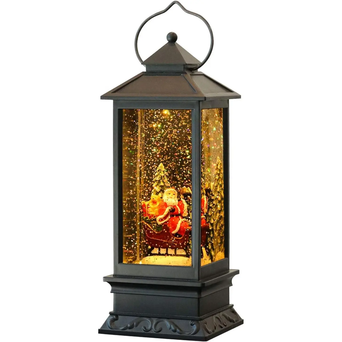 Lighted Musical Snow Globe Lantern with 6 Hour Timer, 12 Inches USB Powered & Battery Operated Spinning Water and Swirling Glitter Christmas Snow Globe Lantern Gifts(Santa Claus and Sleigh)