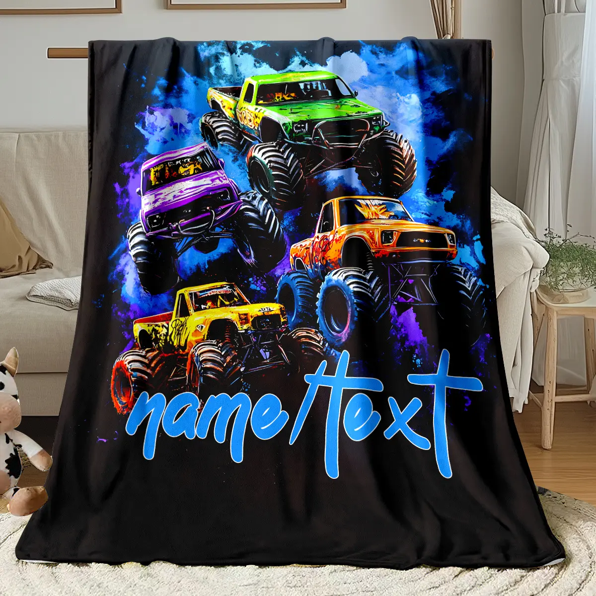 Customizable Monster Truck Flannel Throw Blanket - Multi-Size Polyester Contemporary Fabric, Soft, Lightweight, Warm, Vibrant Digital Print, Personalized Bedding Accessory for Home Travel, Indoor Use