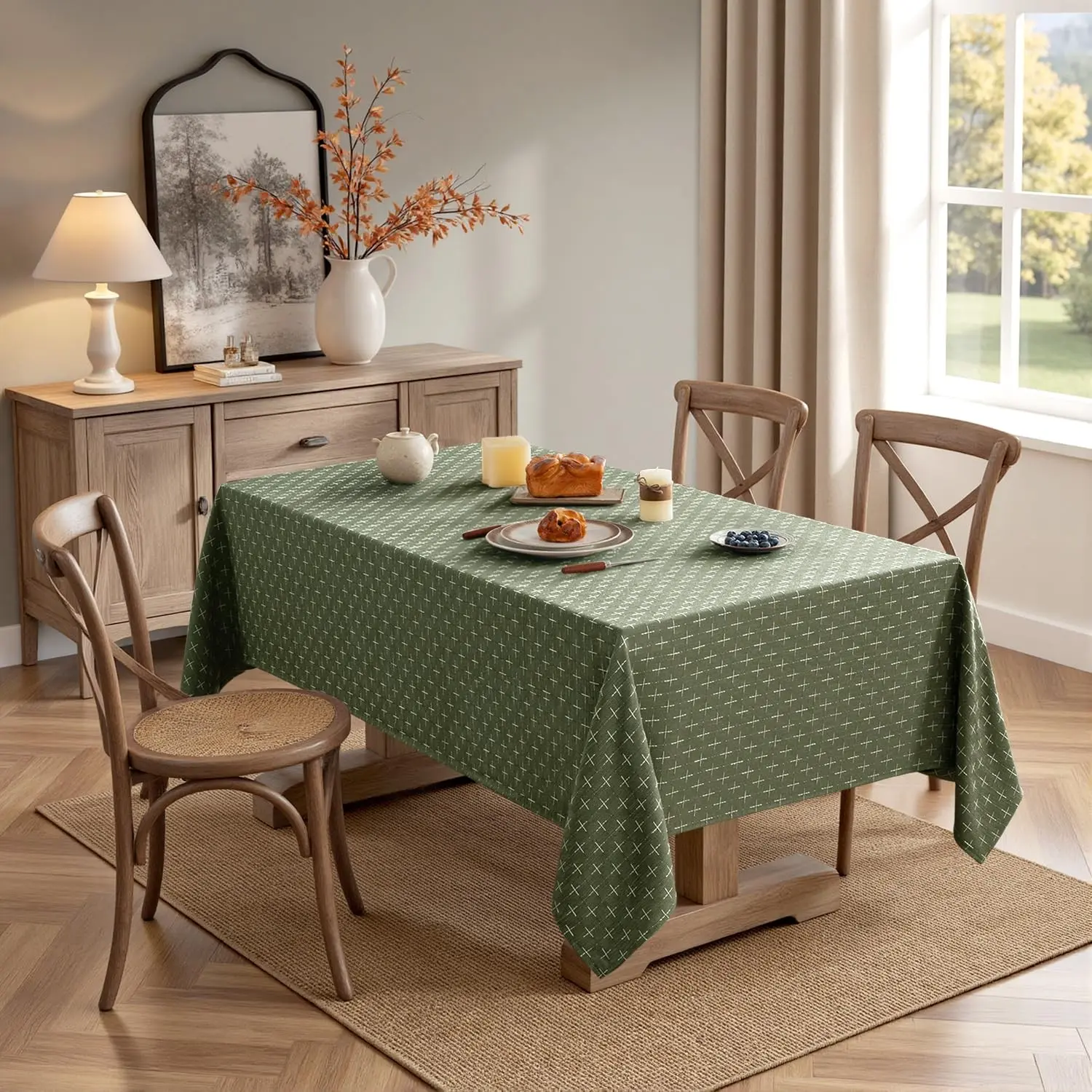 Olive Rectangular Cross Star Texture Tablecloth, Minimalist Farmhouse Style, Ideal for Dining, Weddings, Kitchen, Parties, Outdoor, Home Decor
