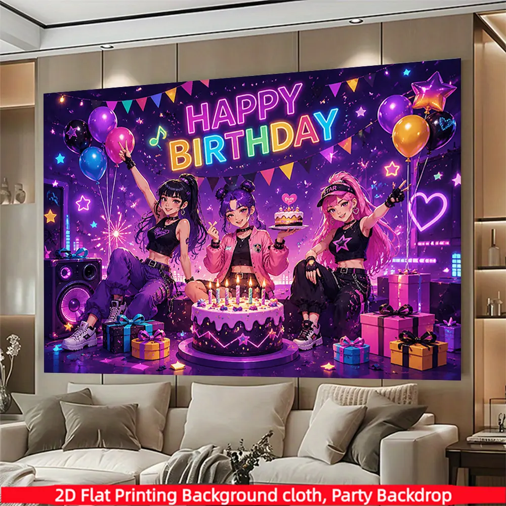 KPOP girl birthday background banner, Party decoration banner, rainbow balloon cake gift elements, polyester material, suitable for living room, bedroom, office, birthdays, anniversaries, home decor, outdoor and indoor parties, photography backdrops