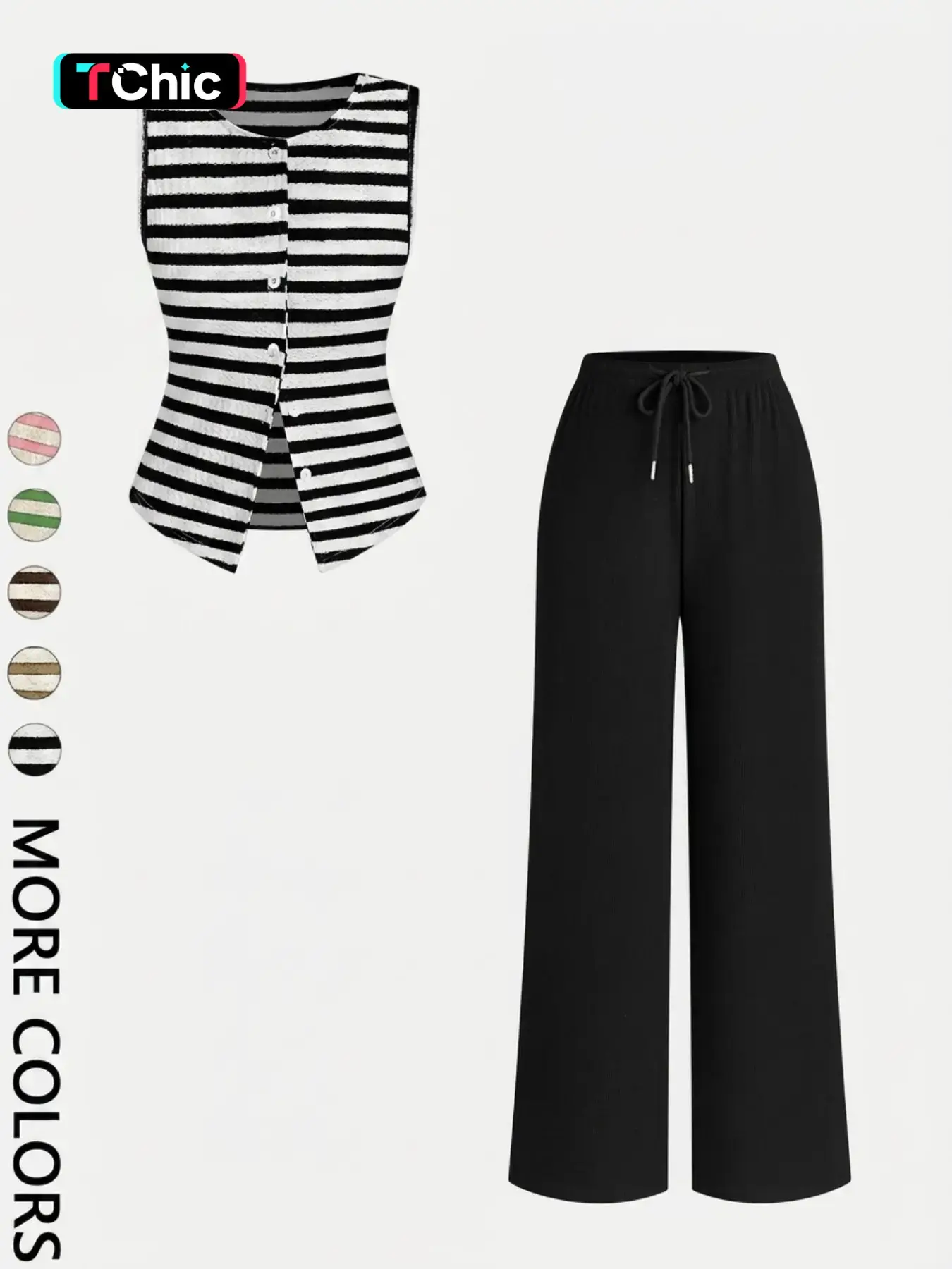 2-Piece Striped Vest & Wide-Leg Pants Set - Retro Baddie Style Slim-Fitting & Figure-Flattering | Stretchy Knit For Women’s Summer Outings / Casual Social Gatherings Fashion Clothing Set Striped Sets Womenswear
