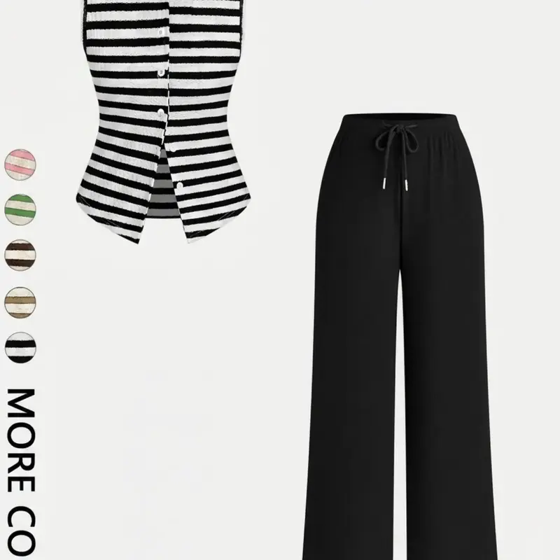 2-Piece Striped Vest & Wide-Leg Pants Set, Retro Baddie Style Slim-Fitting Stretchy Knit Set for Women, Summer Outings and Casual Social Gatherings Outfit, Casual Everyday Set
