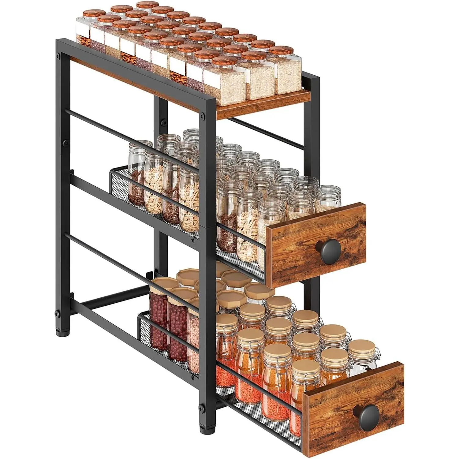 Spice Rack, 3-Tier Pull Out Spice Rack Organizer for Countertop, Narrow Kitchen Countertop Storage Shelf with 2 Drawers, for Kitchen, Cafe, Rustic Brown and Black SR02BR