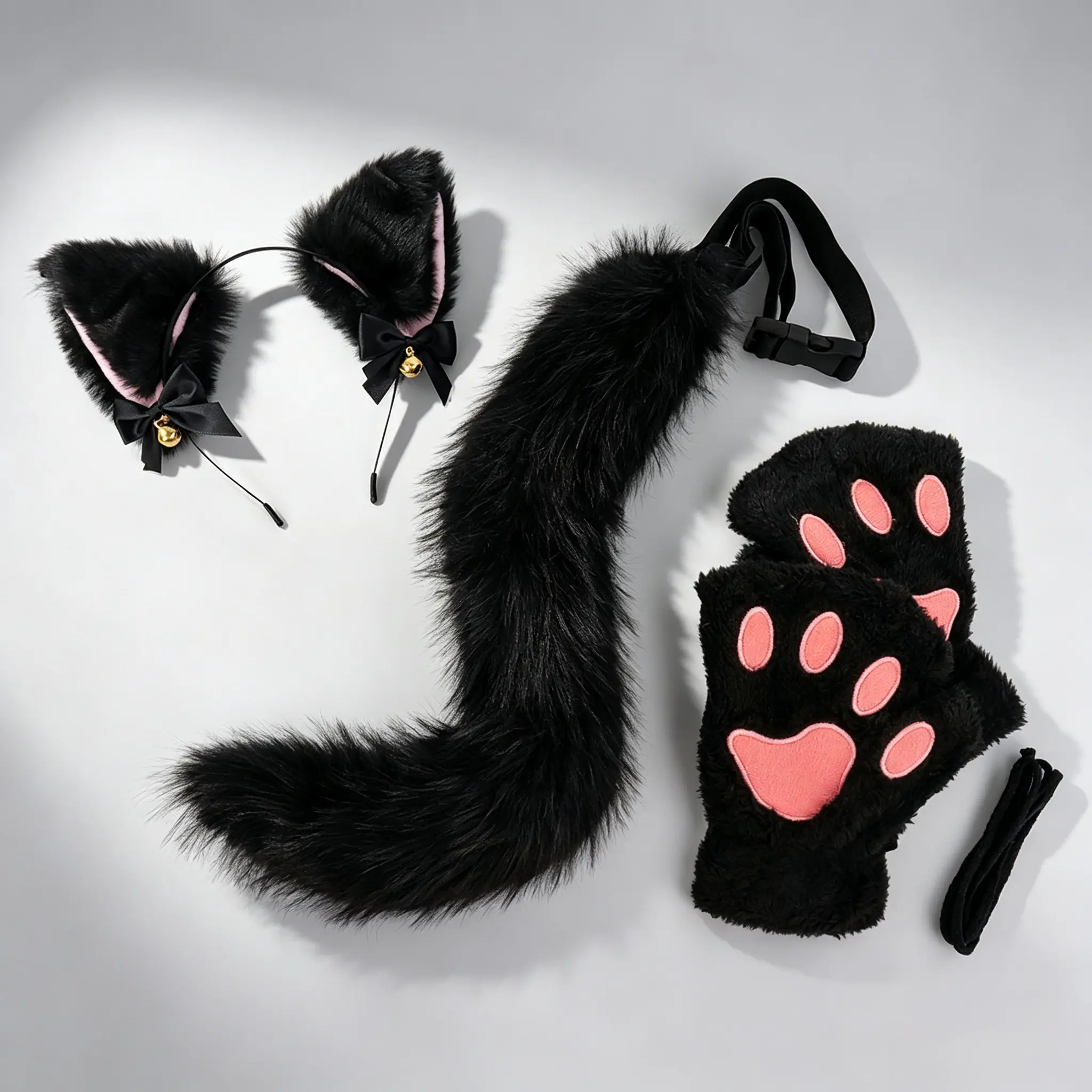 Cute Fluffy Cat Girl Costume Set – Plush Cat Ears Headband, Tail & Paw Gloves for Halloween Party & Anime Cosplay