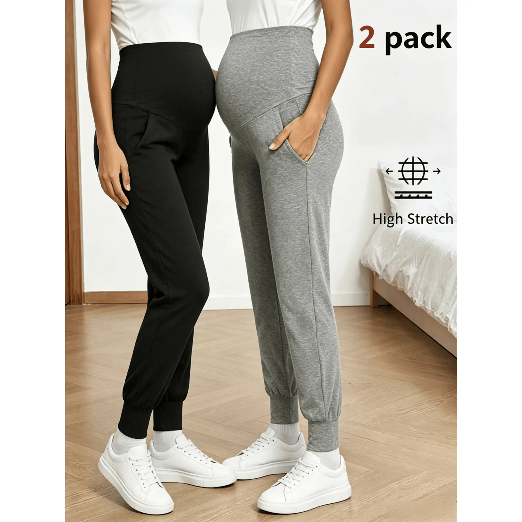 2-Piece Set Maternity Yoga Pants, Casual Sports Bottoms for Summer Pregnancy, Comfortable Everyday Loungewear - Black and Gray Pack, Two-Piece Set Maternity Clothing & Accessories