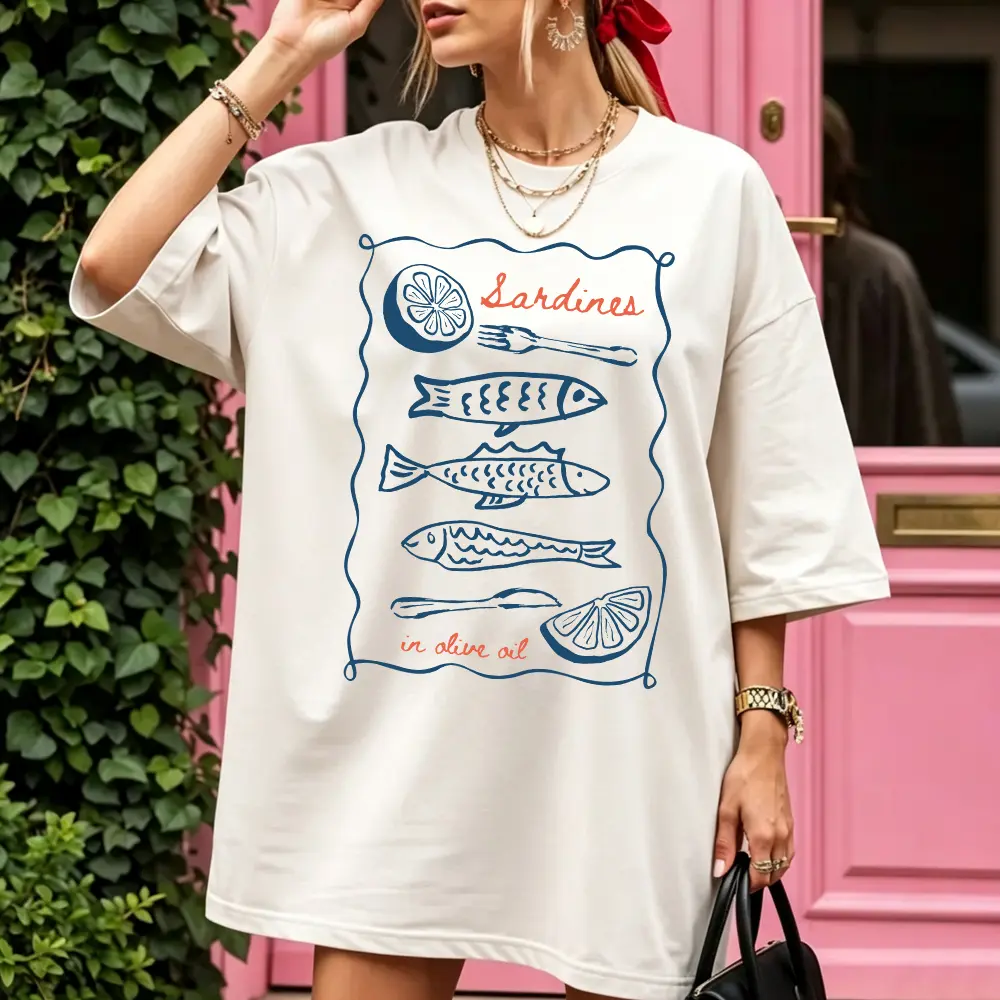 Unisex Retro Sardine Graphic T-Shirt in 100% Cotton, Casual Breathable Top with an Oversized Fit for Everyday Wear, Fabric, Light, Baggy, Loose, Short
