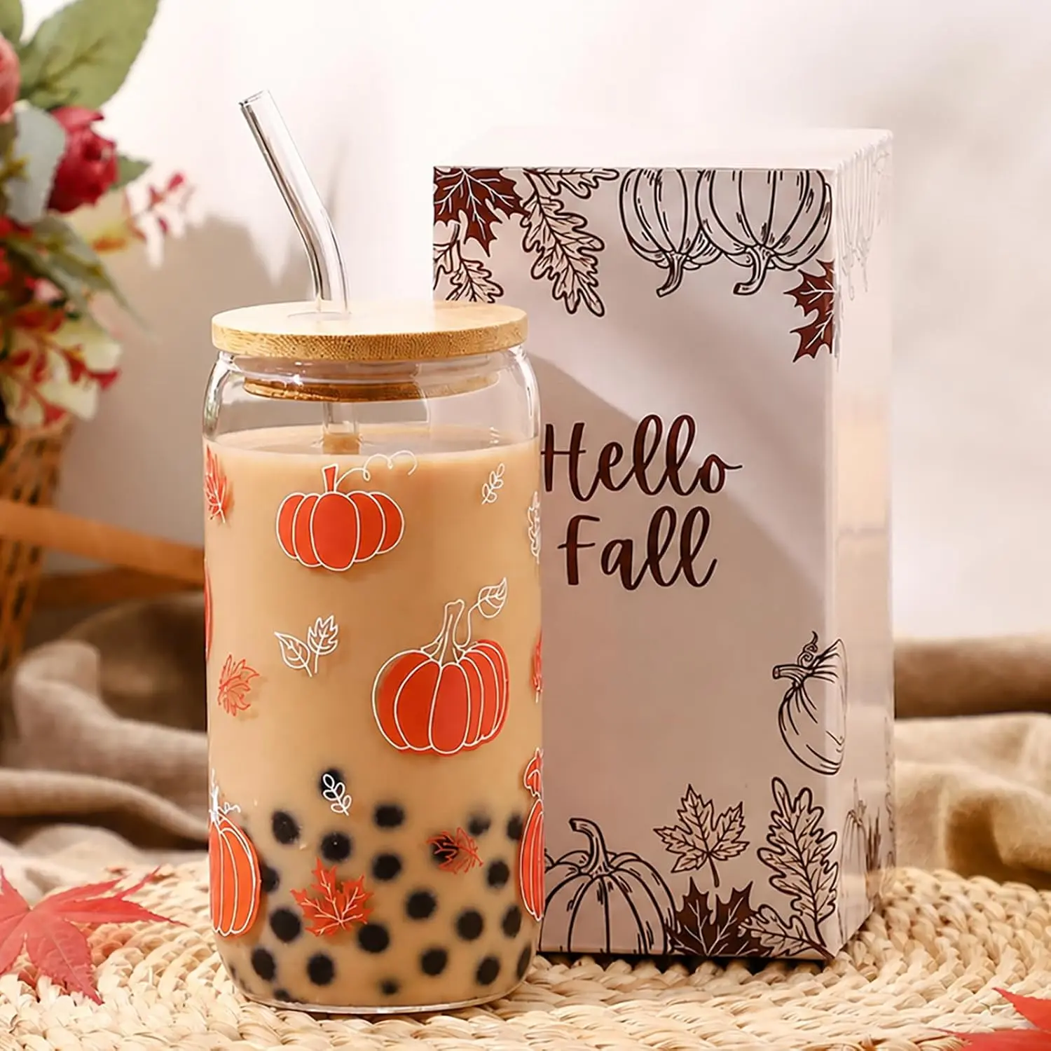 Fall Pumpkin Glass Cup Thanksgiving Halloween Autumn Gifts | Iced Coffee Glass Cups with Lid and Straw Mug Tumbler Presents for Women Teen Girls Harvest Festival Basket Stuff 16oz