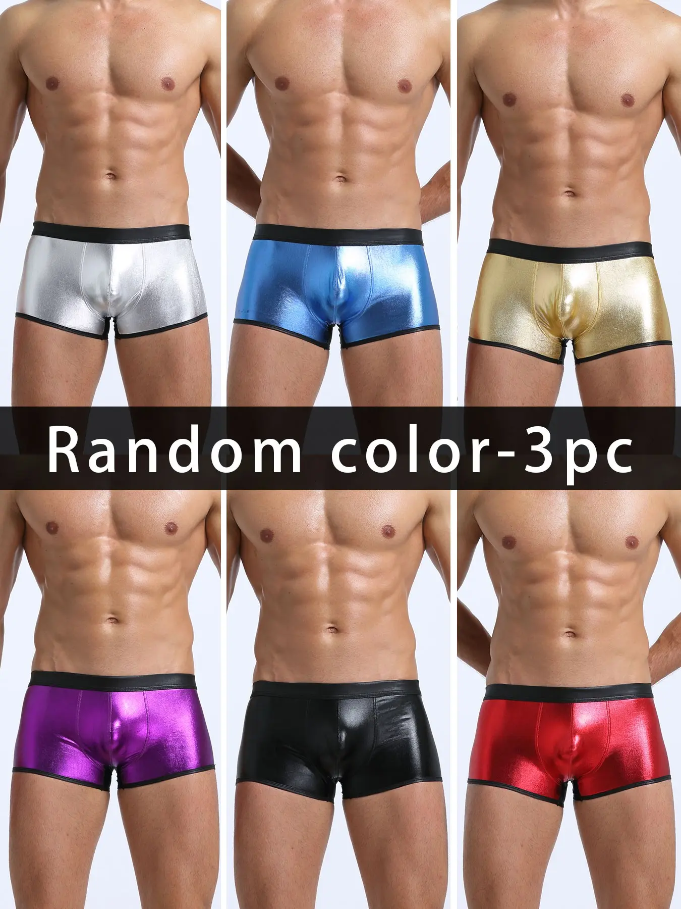 Random 2-piece or 3-piece set of trendy, glittery faux-leather boxer briefs for parties; low-rise men’s boxer briefs with an elastic waistband; U-shaped pouch design; casual and comfortable; perfect for nightclubs, raves, Halloween, and Christmas costumes