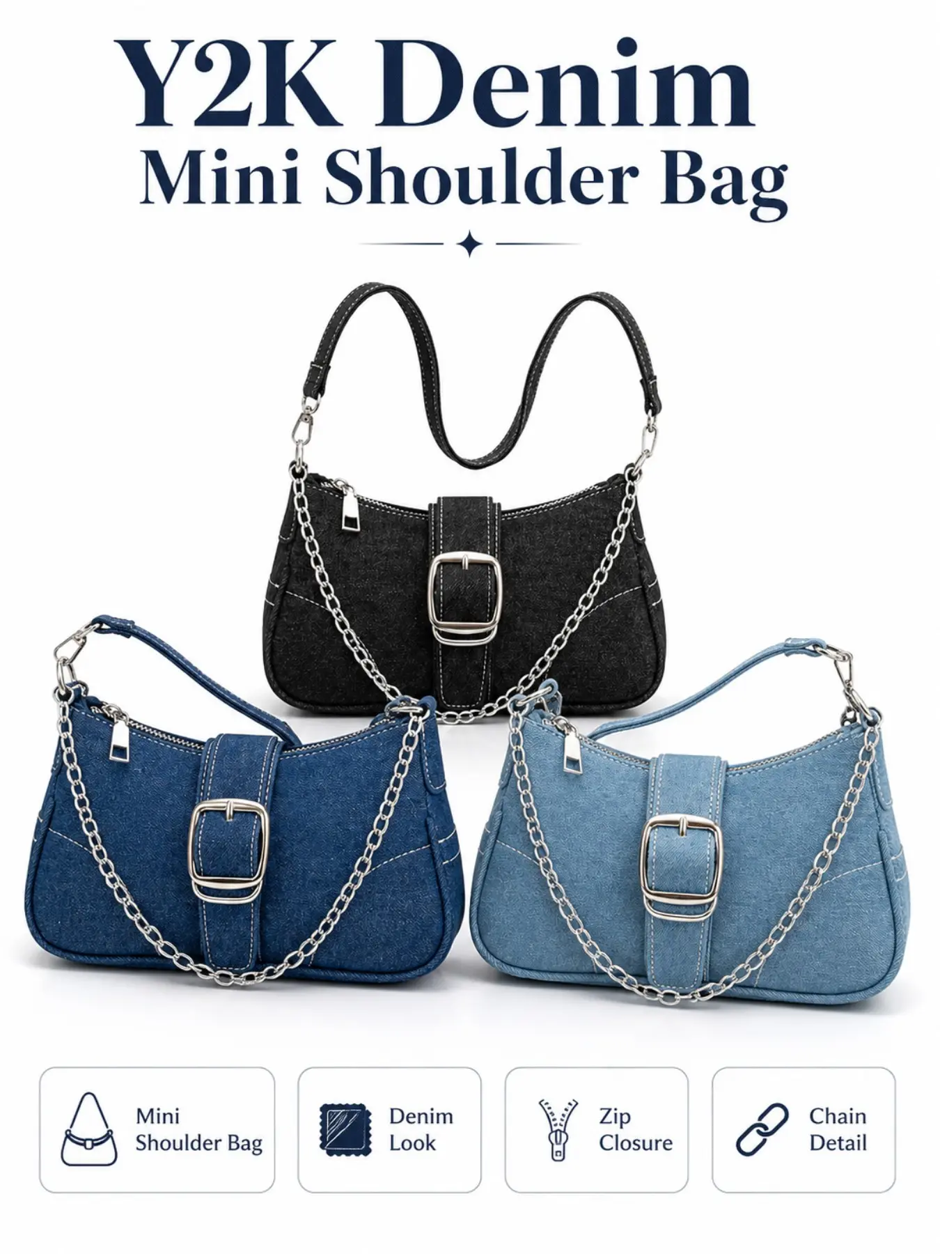 LUVTAG Y2K Denim Mini Shoulder Bag with Chain, Buckle Baguette Purse for Women, Small Zip Top Underarm Handbag, Casual Streetwear Mini Bag
