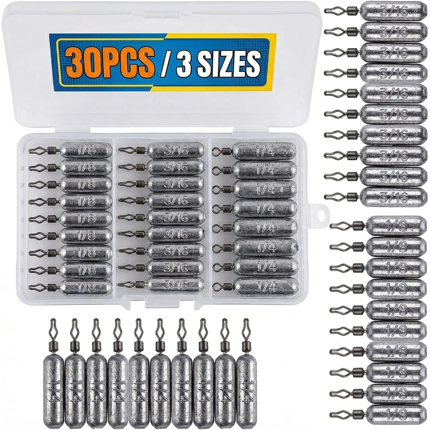 Drop Shot Weights, Pencil Fishing Weights 30/55PCS, 360° Swivels | Tight-line lead sinkers with 360° barrel swivels and divided storage box for freshwater, saltwater and bass fishing.