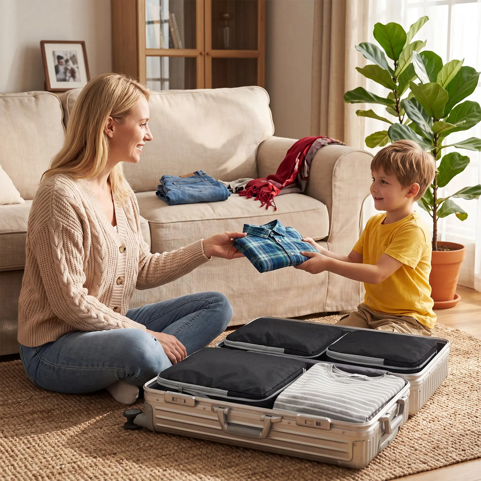 4-Pack Black Oxford Fabric Compression Packing Cubes, S/M/L/XL, Travel Luggage Organizer Set