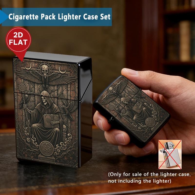 Gothic Grim Reaper Cigarette Case & Lighter Shell Set | Plastic Smoke Case + Metal Lighter Cover | Skull Raven Dark Aesthetic
