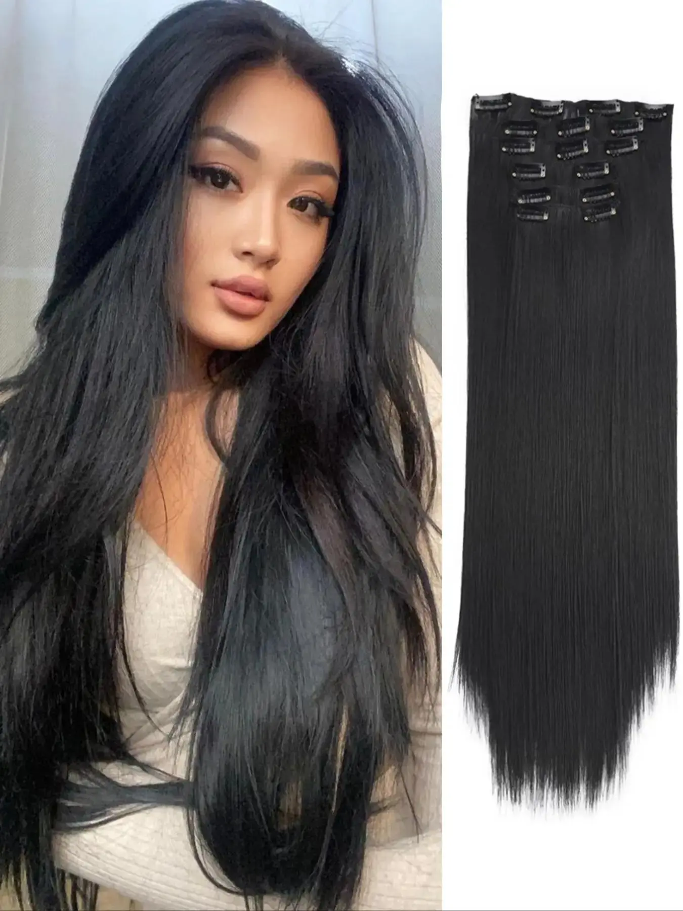 Summer 24 Inch Clip-in Hair Extensions, Long Straight Synthetic Wigs, Heat Resistant Synthetic Wigs,  2024 Trendy Matching Natural Wig Piece, Synthetic Hair Hairpieces