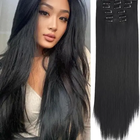 Summer 24 Inch Clip-in Hair Extensions, Long Straight Synthetic Wigs, Heat Resistant Synthetic Wigs,  2024 Trendy Matching Natural Wig Piece, Synthetic Hair Hairpieces