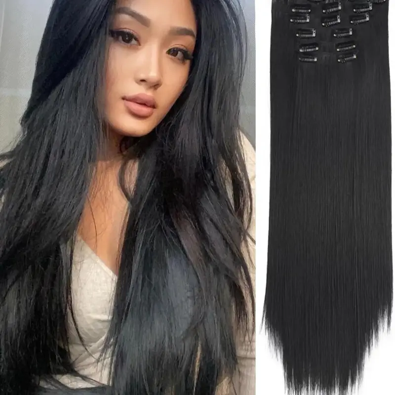 Summer 24 Inch Clip-in Hair Extensions, Long Straight Synthetic Wigs, Heat Resistant Synthetic Wigs, 2024 Trendy Matching Natural Wig Piece, Synthetic Hair Hairpieces