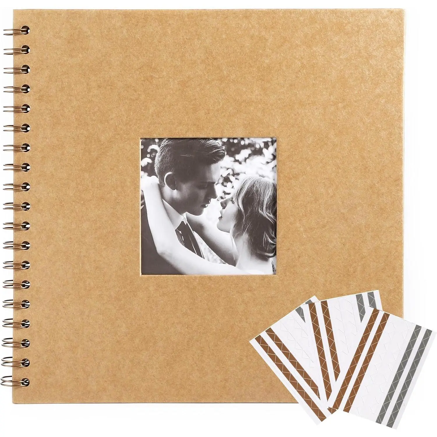 Scrapbook 10 x 10 Inch DIY Square Photo Window + 3 Corner Stickers, Photo Album Hardcover  Paper Brown 20 Sheets/ 40 Pages