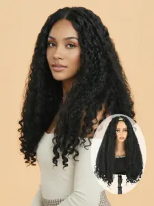 26-Inch V-Part Glueless Wig, Black African Kinky Curly Synthetic Wig with Unique Bouncy Curls at the Ends (Includes 5 Combs). Made of Artificial Fiber for a Natural and Fluffy Look. Specially Designed for Black Women, Perfect for Daily Wear.