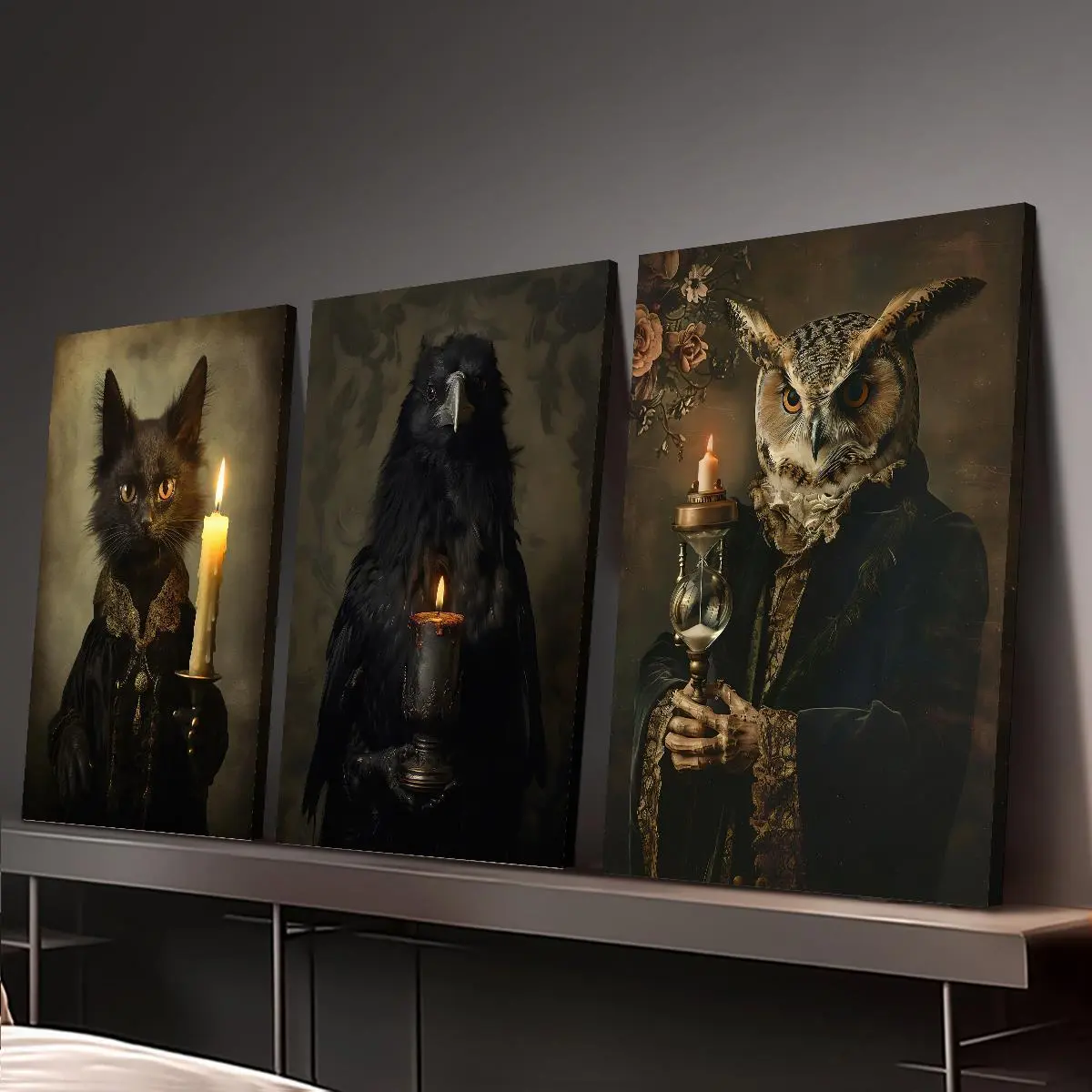 24*36 in(60*90cm) 3Pcs Decorative Framed Canvas Wall Art - 2D Flat HD Printed Gothic Animal (Owl,Cat,Crow) & Candle Pet Portrait, Waterproof Canvas with Hanging Accessories, Juneteenth Plaid Houndstooth Marble Decor for Bedroom, All Seasons Home Gift