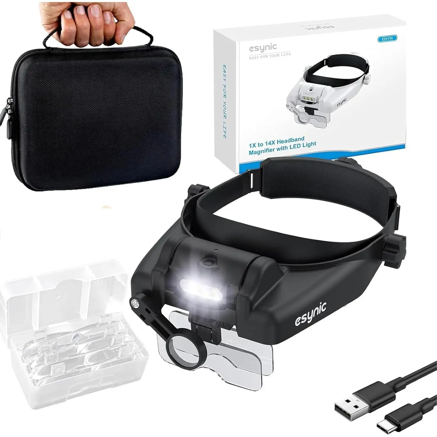 eSynic Adjustable Portable Magnifying Headset with Light - Type-C Charging, Detachable 5 Lenses, 2 Brightness Levels, 3 Wear Adjustment Knobs, Rear Fit for Glasses Wearers, Includes Storage Case for Close Work/Crafts sohochic