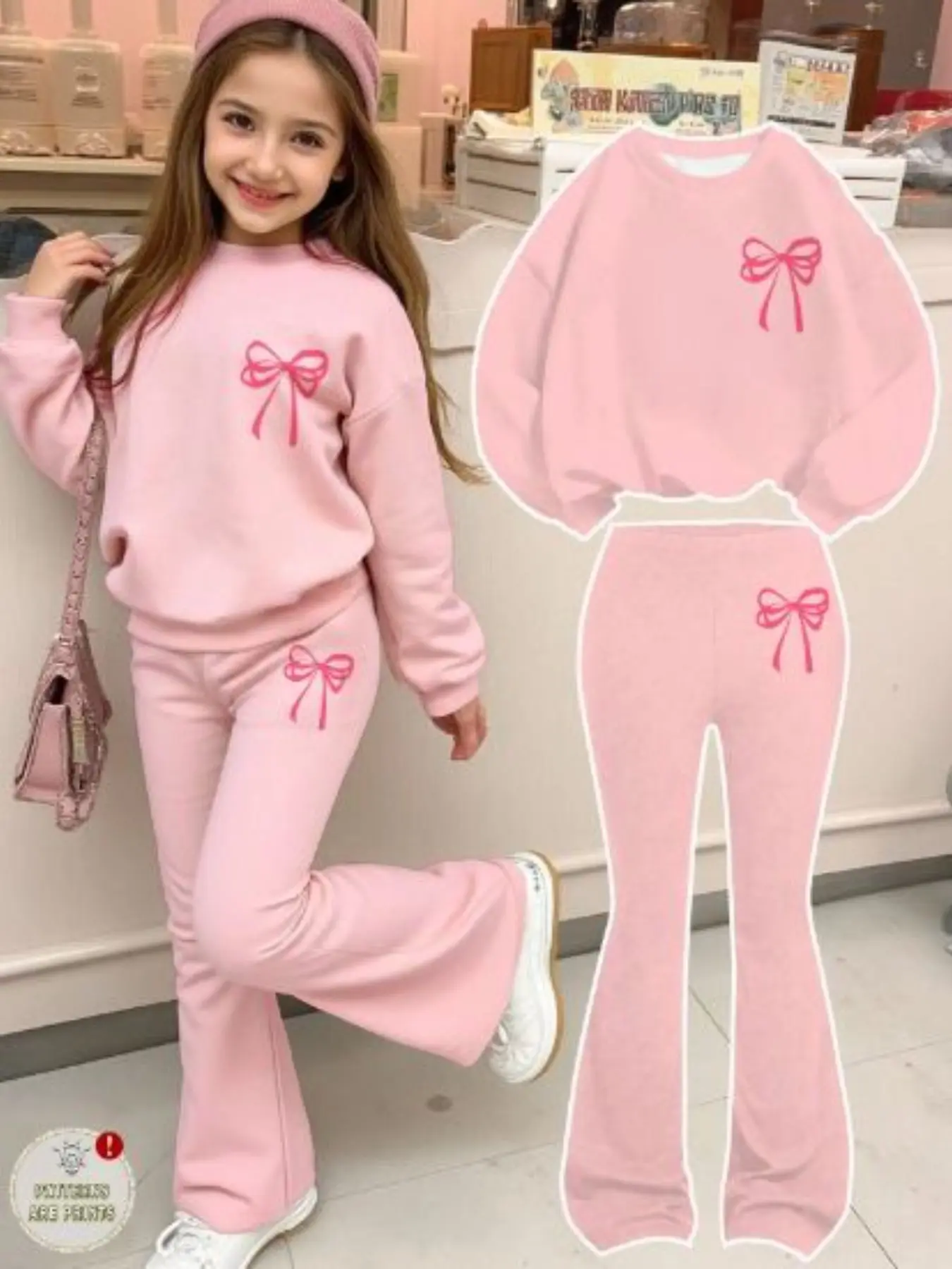 Adorable Teenage Set, Loose-Fit Round Neck Sweatshirt & Tight Bell Bottoms, Perfect for School, All-Season Casual Wear
