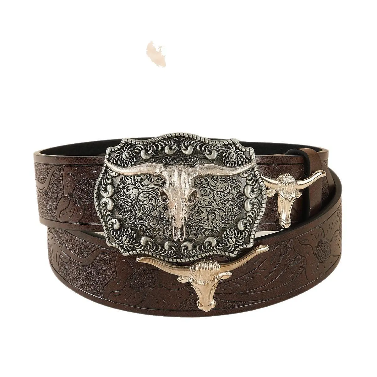 Men's Western Style Belt - Tooled Floral Genuine Leather Belt with Large Multi-Longhorn Bull Buckle, Fashion Belts, Belts