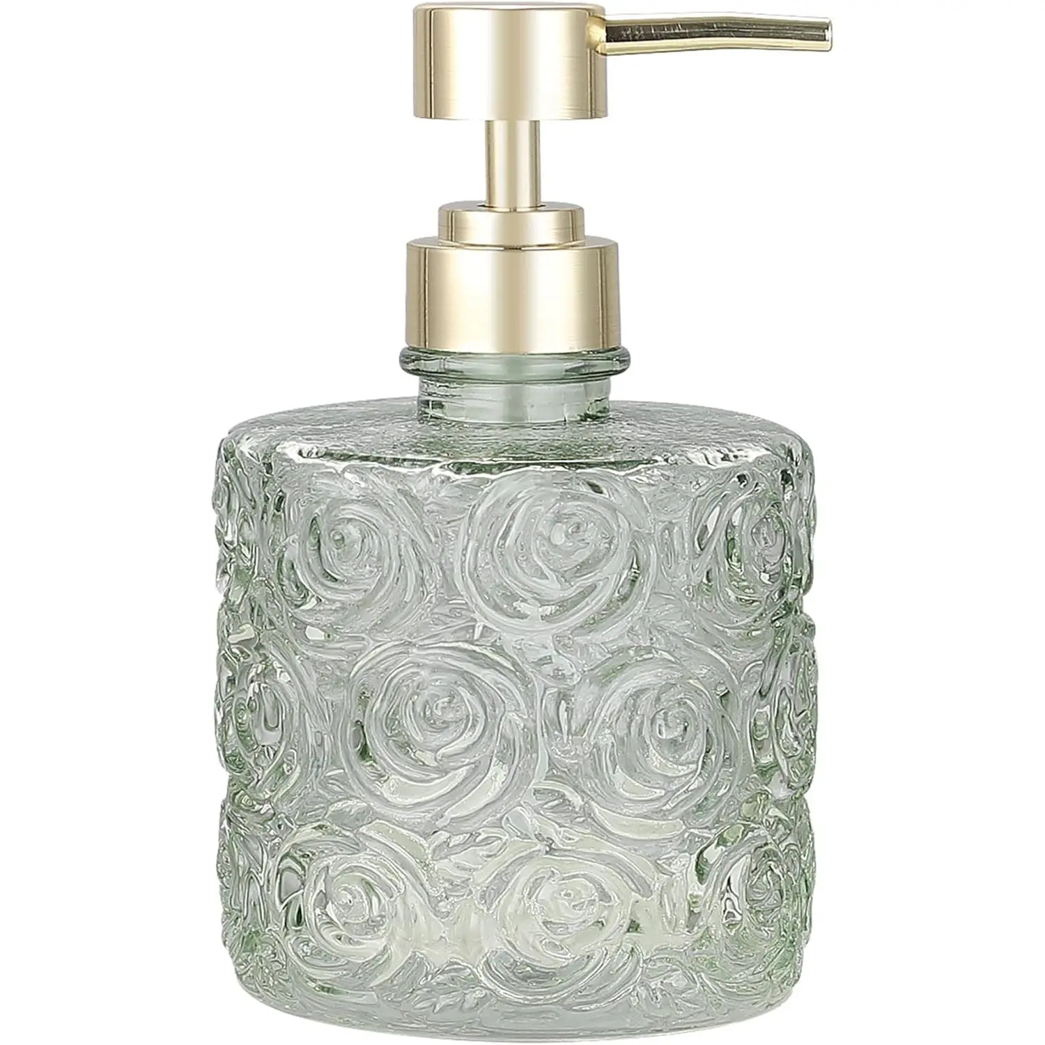 Glass Soap Dispenser with Soap Pump, Refillable 14 Ounce Capacity, Floral Design Rose Patterns, Heavy Weight Thick Glass for Bathroom, Premium Kitchen Soap Dispenser Reseda Sage