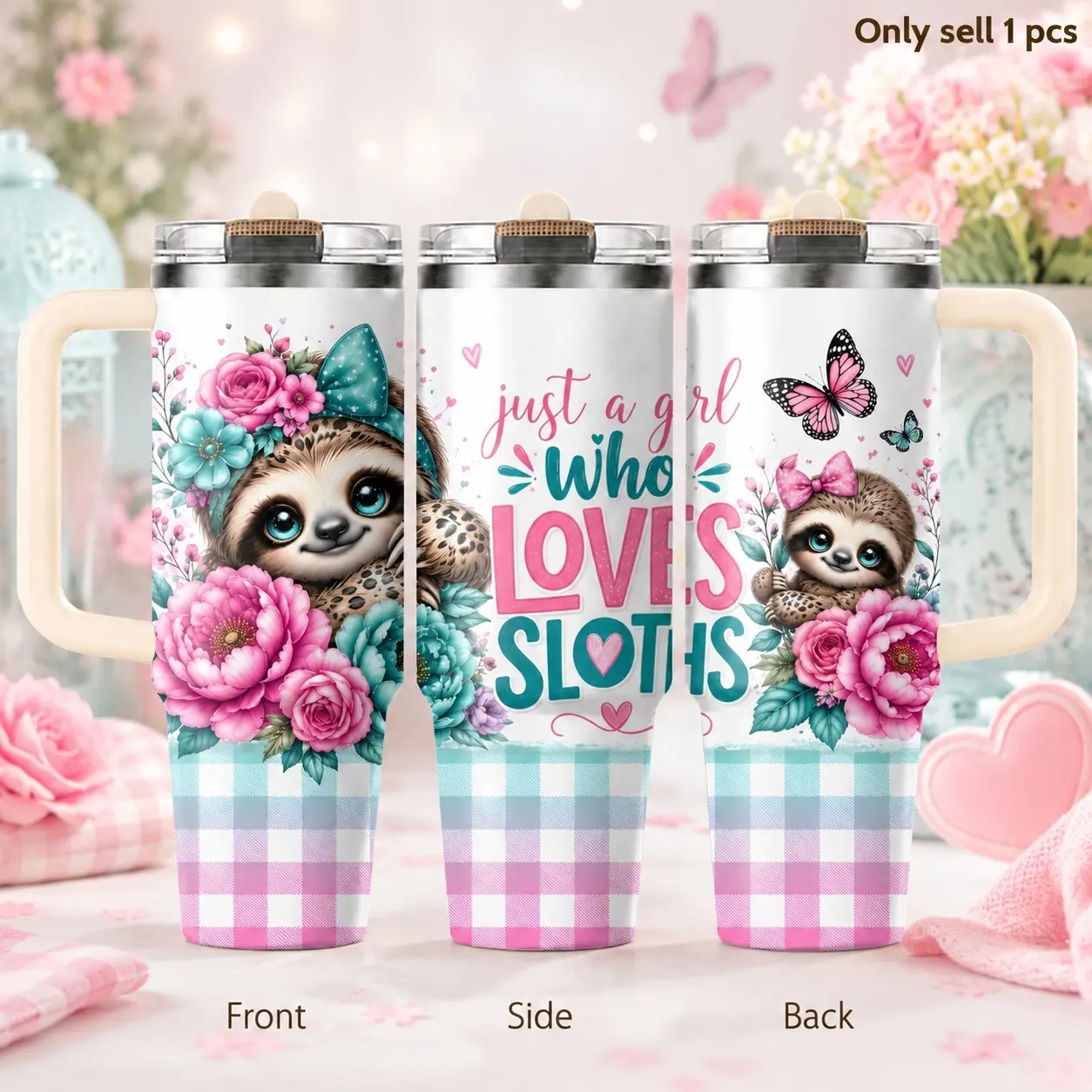 Sloth Lover Floral 40oz Tumbler – Cute Animal Stainless Steel Insulated Travel Mug with Handle & Straw Lid for Coffee, Water, Home, Office, Car, Cozy Gift for Sloth Fans