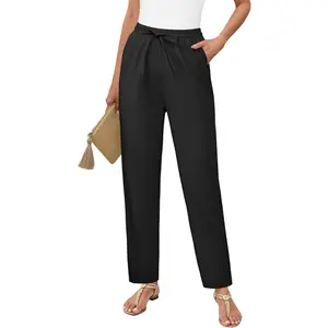 Womens Cropped Linen Pants, High Waisted Drawstring Casual Lounge Ankle Trousers with Pockets Beach Vacation Outfits