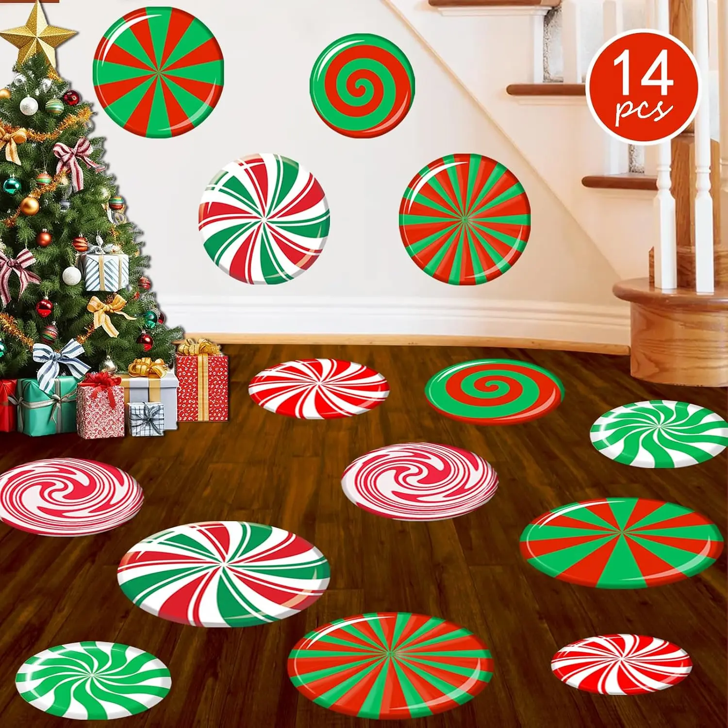 14 count Large Christmas Peppermint Candy Cane Floor Wall  Christmas Floor Stickers for Candy Land Decorations
