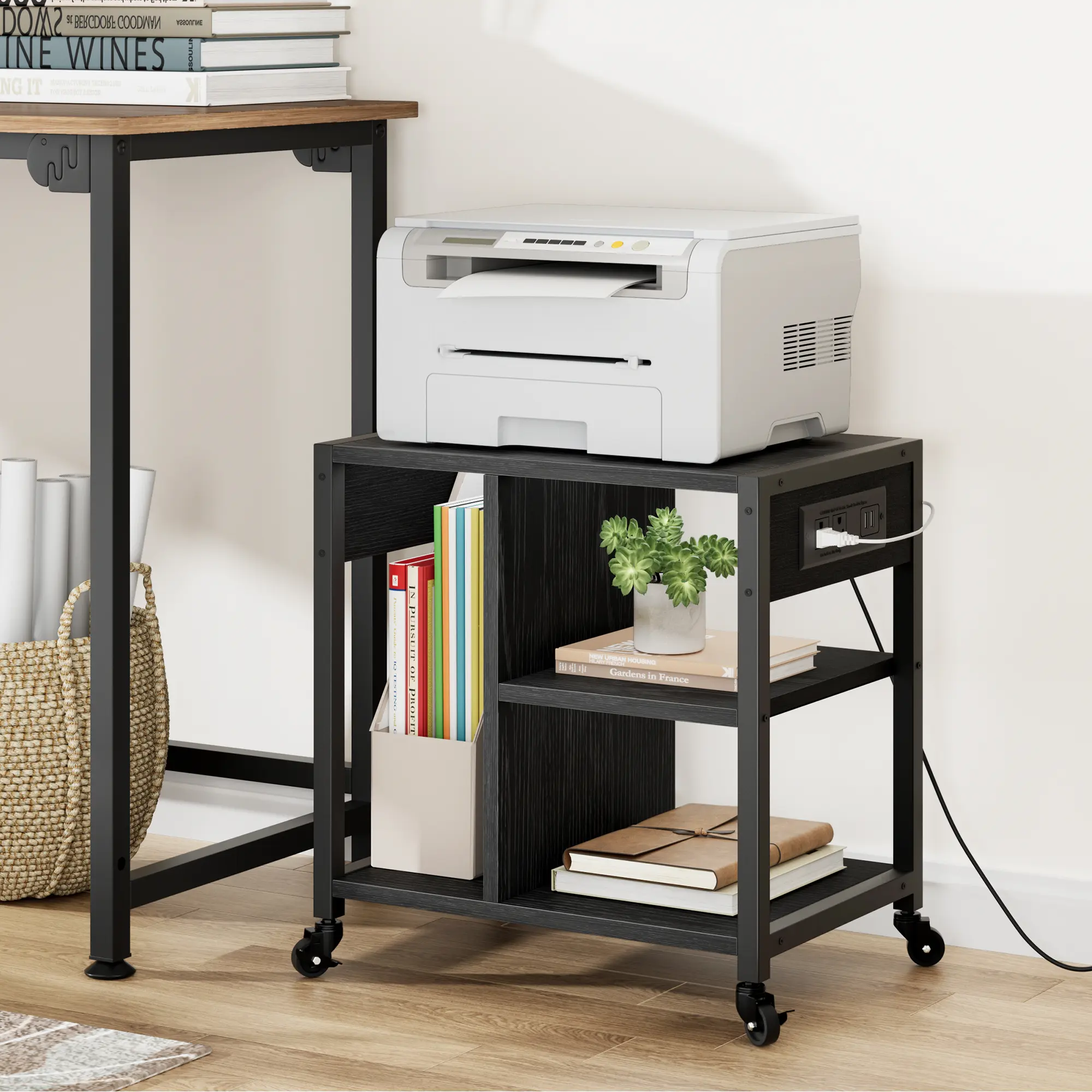 3-Tier Mobile Printer Stand with Power Outlets & USB Ports –  Rolling Cart with Storage Shelf, Lockable Wheels, Desktop Printer Table for Home Office, Small Spaces & 3D Printer