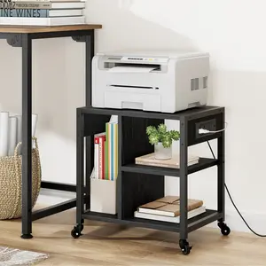 3-Tier Mobile Printer Stand with Power Outlets & USB Ports –  Rolling Cart with Storage Shelf, Lockable Wheels, Desktop Printer Table for Home Office, Small Spaces & 3D Printer