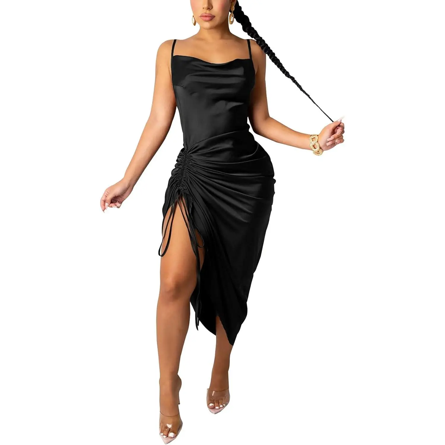 Women's Basic Sleeveless Solid Fitted Satin Spaghetti Strap Formal Dress - Sexy Backless Gown with Drawstring, Ruched Split Hem for Cocktail, Evening Parties
