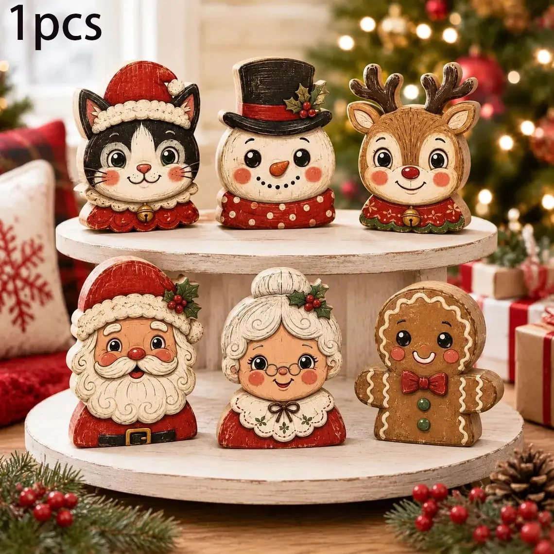 Vintage Christmas Desktop Decorations, Retro Cat, Snowman, Reindeer, Santa Claus, Mrs. Claus, Gingerbread Man, Holiday Fireplace Shelf, Party Decoration