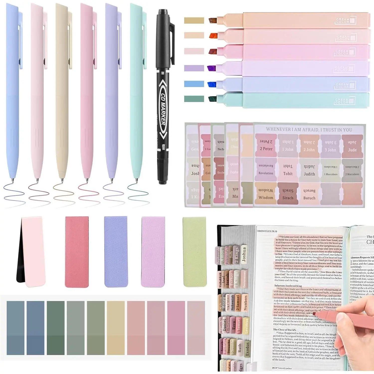 Bible Journaling Kit, Include 6 Bible Highlighters and 6 Pens No Bleed, 90 Laminated Bible Tabs, Magnetic Bookmarks, Sticky Notes, Study Supplies Essentials Set for Women & Men