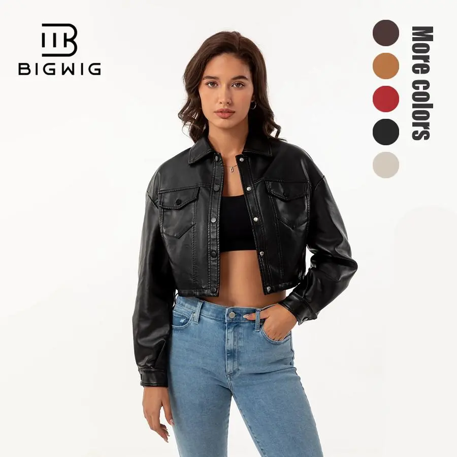 Soft Faux Leather Jacket for Women, Cropped Moto Button-Down with Long Sleeves and Pockets, Tops, Garment, Comfortable, Outerwear, Chic, Outdoor, Watch Party, S, Clubwear, Chic Look, Daily