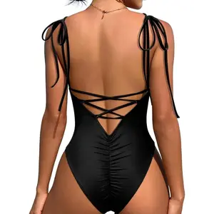 Women One Piece Swimsuit Tie Shoulder Backless Bathing Suit Lace Up Back Ruched Hip Sexy High Cut Monokini