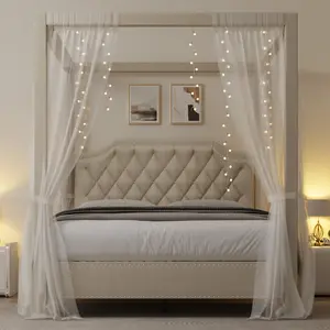 GARVEEUpholstered Canopy Bed Frame Queen Size with headboard, Button Tufted, Nailhead Trim Design, No Box Spring Required, Beige