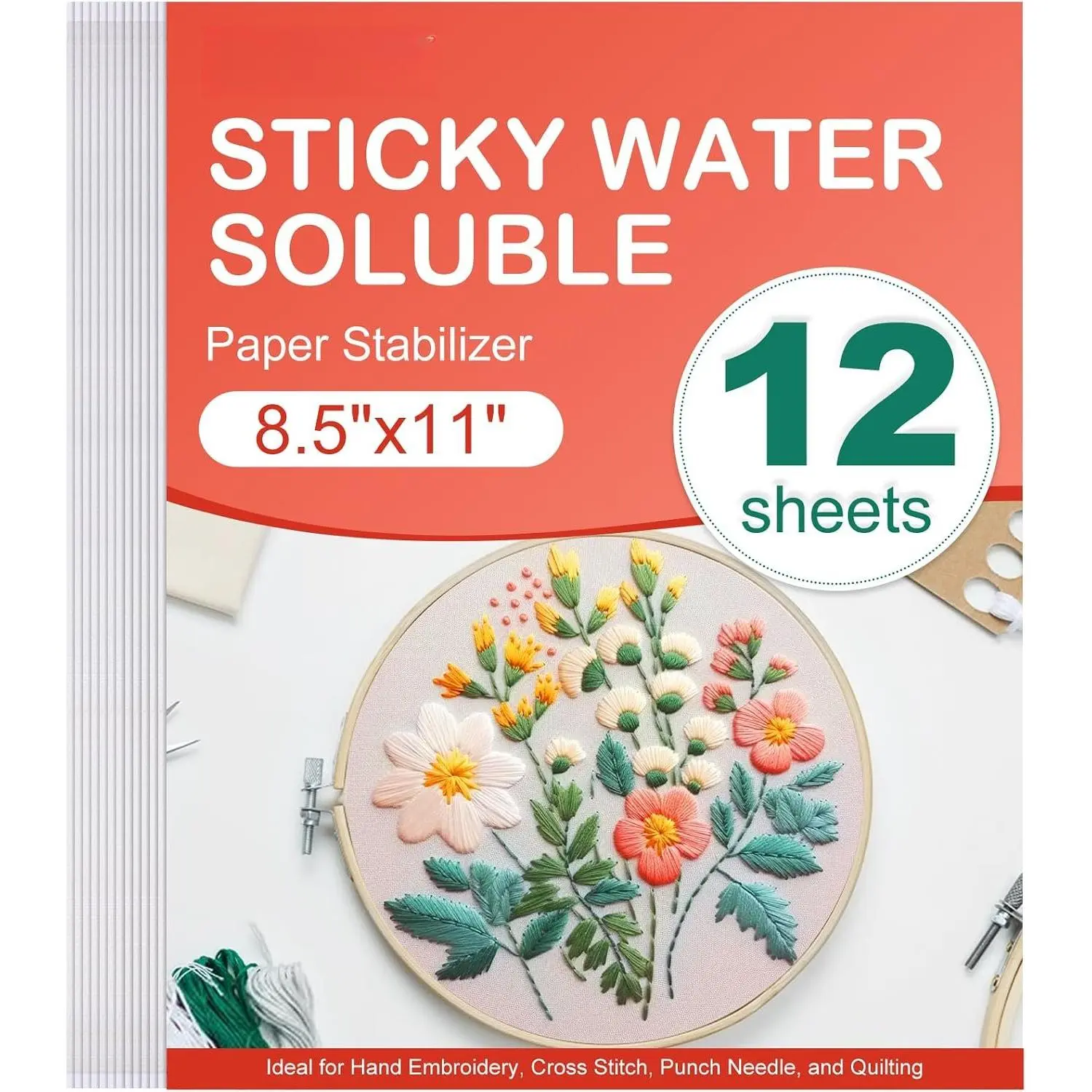 12-Count 8.5"x11" Modern Synthetic Wash Embroidery Stabilizer - Self-Adhesive, Printable, No-Residue Water-Soluble Paper for Punch Needle & Hand Embroidery Use