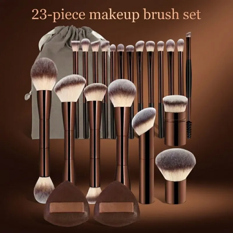 This 22-piece makeup brush set includes 20 brushes, 2 cushion foundations, a storage bag, a foundation brush, a blush brush, a double-ended brush, and a contour brush. It's suitable for mixing concealer, eyeshadow, cream blush, and face powder (brown)