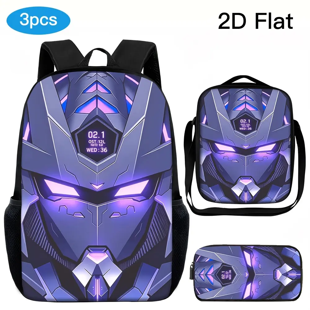 Durable Water Resistant 3-Piece Backpack Set for Kids, Lightweight School Bag with Lunch Box, Metallic Purple Mecha Helmet Glowing Pink HUD Screen 2D Flat Print, Includes Large Rucksack, Thermal Lunch Tote & Stationery Pouch